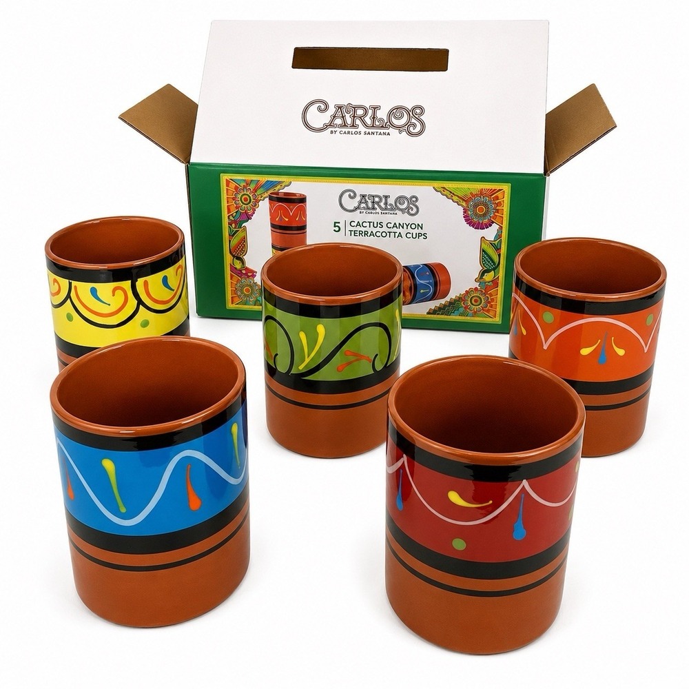 Carlos Santana Terracotta Cups Set Of 5 Cactus Canyon Tall Aztec Mexican New